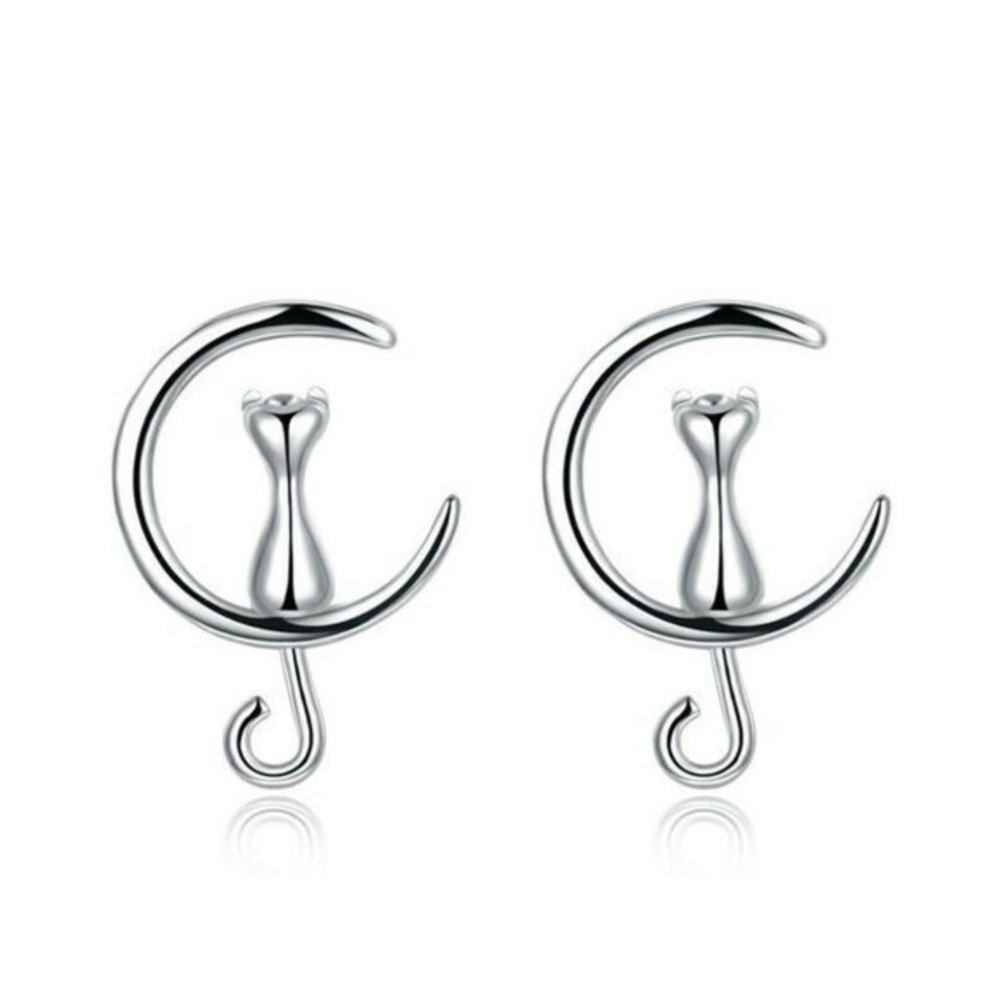 New Beautiful Sterling Silver Cat on the Moon Earrings - Picture 1 of 2